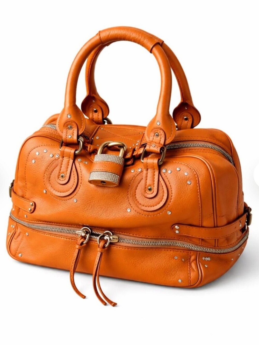 Chloe Crystal Padlock Paddington Orange Leather Satchel Purse Bag